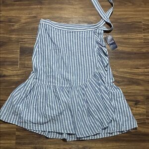 Chaps Blue and White Striped Wrap Skirt with Ruffle Hem
